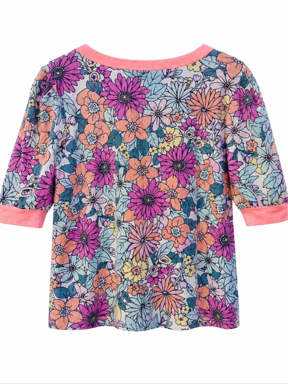 BiB! Multi-color Boho Floral Short Sleeve Top with Coral Trim Sz.M Casual Tee - Picture 2 of 8